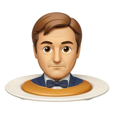 realistic flan dessert sculpted as François Fillon's bust, caramel hair, on a simple white round plate sticker