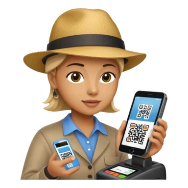 Draw a tourist who is using their phone to scan a QR code on a POS terminal. In the style of Apple emoji sticker