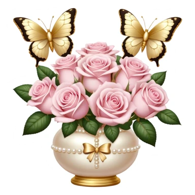 Realistic aesthetic bouquet of light pink roses in a pearl vase and a ivory bow with gold decoration and a butterfly with gold and beige wings sticker