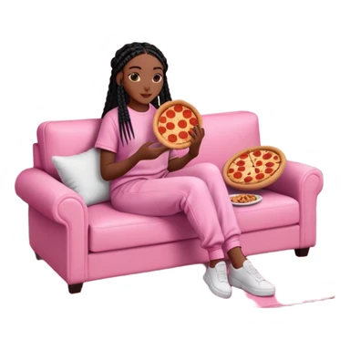 A dark-brown-skinned Black woman with black box braids, sitting on a pink couch, holding an open pizza box.She’s wearing comfy loungewear, looking relaxed and enjoying her food. sticker