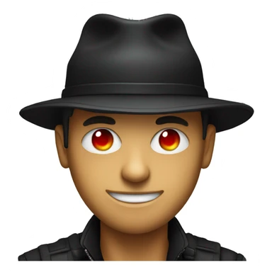 A hacker wearing a black hat and he has red eyes sticker