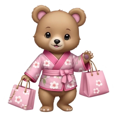 A cute baby bear character in pastel style, standing upright like a human. 
Light brown soft fur, large round ears, rounded paws and feet. 
Wearing a pink kimono with soft cherry blossom patterns on the sleeves and bottom, Holding a cute pastel shopping bag with one paw, walking pose. sticker