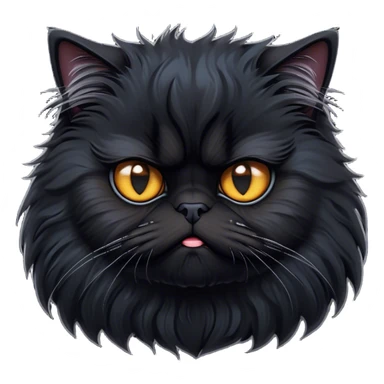 Cinematic Grumpy Frazzled Black Persian Cat Portrait Emoji, Head tilted with an exaggeratedly grumpy expression, fluffy black fur with hints of silver and deep undertones, Simplified yet hilariously frazzled features with large, expressive eyes, highly detailed, glowing with a warm but irritated glow, high shine, a mix of annoyed and disheveled, stylized with a touch of humor, bright but with a completely frazzled and grumpy face, soft glowing outline, capturing the essence of a quirky yet grumpy kitty, so endearing it feels like it could leap out of the screen and demand attention with its wonderfully grumpy, frazzled charm! sticker