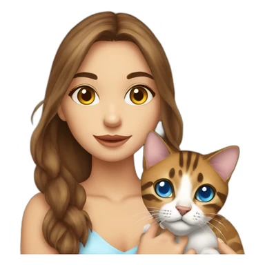 a beautiful girl with blue eyes and brown hair is holding a Bengal cat with yellow eyes in her arms sticker