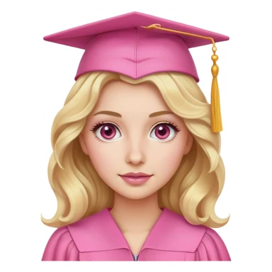 Blonde with wavy hair, a pink graduation cap, white skin and hazel eyes with pink makeup  sticker