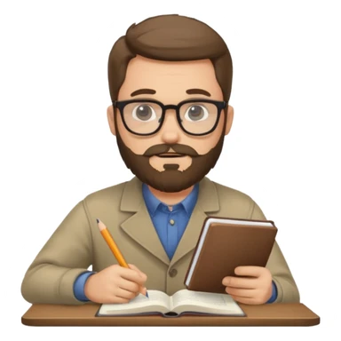 bearded man with glasses studying sticker