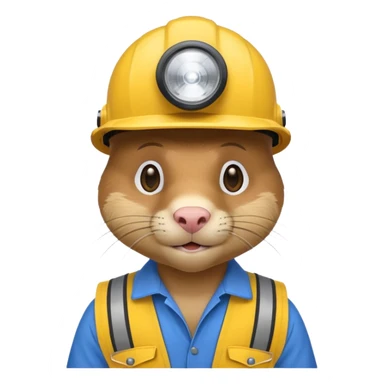 a mole rat, blue helmet, headlamp, yellow worker cloth sticker