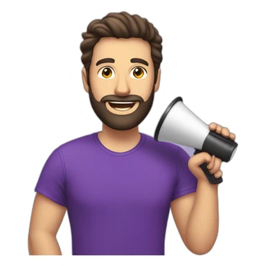 a white man with a black beard, speaking in a red megaphone next to his mouth, he wears a purple tshirt, smiling,he has a modern haircut sticker