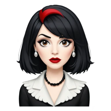 Moira Rose from Schitt's Creek with dramatic black and white outfit, bold red lips, distinctive black wig, and exaggerated expression sticker