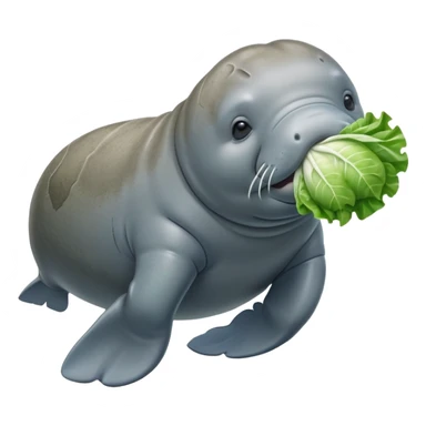 Cinematic realistic full body side view of a manatee holding a head of iceberg lettuce in his front flippers  sticker