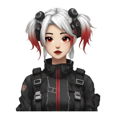 Gorgeous techwear anime style lady with blushing face aesthetic and pretty edgy black red white punk messy hair with collar and harness trending style sticker