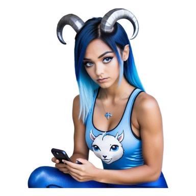 Disapponted-big tears-head back texting on phone-very very large upper body-sexy face-bending forward at waist-very long very straight dark blue to light blue ombre hair-and-blue eyes-thick black eyeliner-cute goat horns-iridescent blue lowcut tanktop with black leggings with glitter superman logo sticker