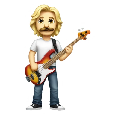 A long haired blond man with a thick mustache holding a bass wearing a tshirt and jeans sticker