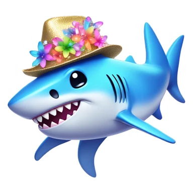 Kawaii rainbow pastel bedazzled shark wearing fedora with neon flowers  sticker