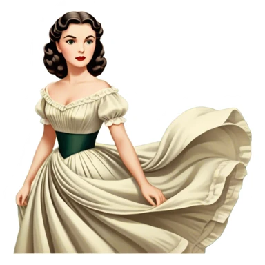 Icon for Romance Movie: A vintage movie poster-style design inspired by Gone with the Wind. Include romantic, sweeping imagery like Scarlett O'Hara in a flowing dress, Rhett Butler, a plantation backdrop, and fluttering wind-blown fabric. Soft, nostalgic cinematic feel. Transparent background. sticker