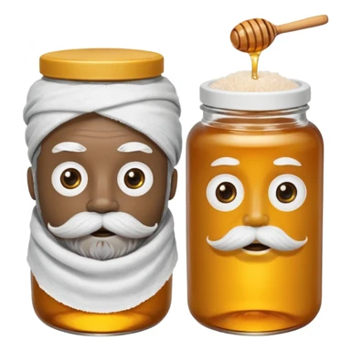 Garama and Madundung are together a gray container of salt and a honey container with a cloth on top. They each have eyes with white in the middle, a mouth, nose, and mustache both customary to their colors. They have hairy legs and emit an aura of salt (Garama), and honey (Madundung). sticker