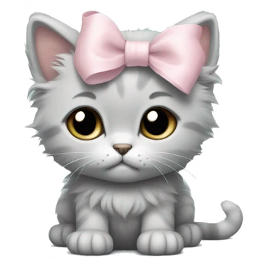 sad big fluffy light gray kitten with pale pink bow sticker