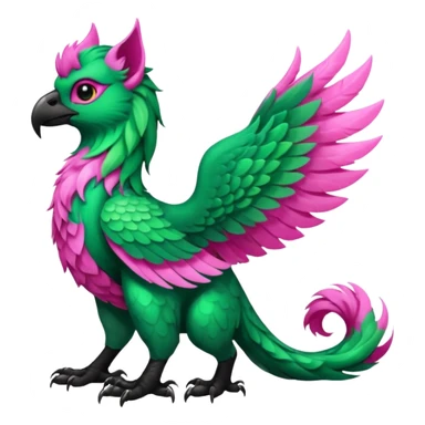 Emerald-green gryphon with a long tufted tail, black beak, pink swirly pattern markings, black claws, black tail, majestic, realistic, furry (full body) sticker