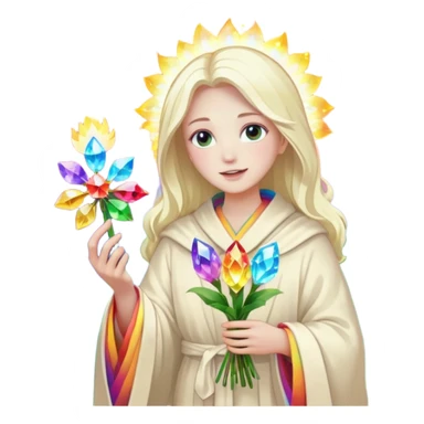 a being of light with a robe on made of light and who is lanky holding a bouquet of crystal flowers on rainbow fire sticker