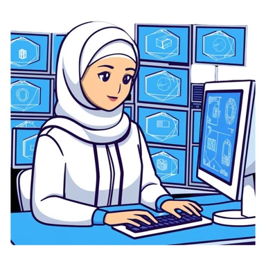 computer engineer with white hijab wearing blue clothes, working with multiple holographic screens showing digital world, virtual interfaces, metaverse elements sticker