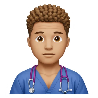 Ripped, athletic man with thick neck, high top fade with no part, curly hair only top only, and show waistline up, add scrubs, man face sticker