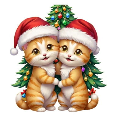 2 hazel green eyed cute hugging laughing fluffy gold twin kittens with Santa hats by a colorful multicolored brightly lit up Christmas trees wearing gold gem chains sticker