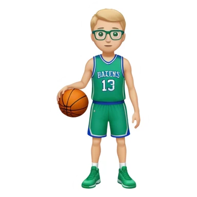 full body white male basketball player wearing glasses in blue an green uniform sticker