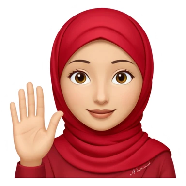 The character gently waves her hand in a slow friendly motion, warm welcoming smile, soft sparkle animation around her, red hijab accents flowing slightly, calm and kind expression, text below in rounded 3D font: “Assalamu alaykum”
🎞 Animation idea: hand wave + eye blink sticker