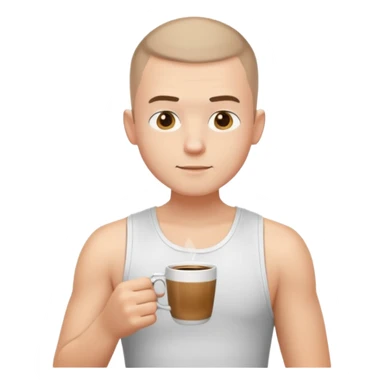 a white short guy wearing a white tank top with a buzz cut drinking a cup of coffee sticker