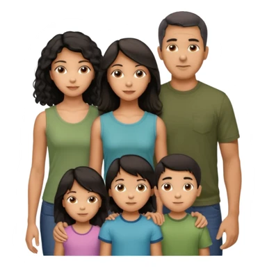 Hispanic family of five, parents in back and three kids in front, girl in the middle, all facing forward, mom with long straight dark hair, dad with short black curly fade, 9-year-old boy with short hair, 6-year-old girl with long straight hair, 6-year-old boy with short hair sticker