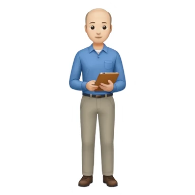 man, mid 40's shirt and trousers balding hairline, full body, standing, holding a clipboard sticker