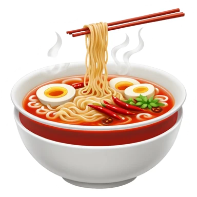 steaming ramen bowl with red broth and chili slices sticker