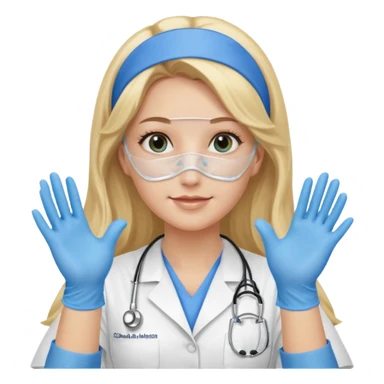 enfermera rubia con pelo largo sin nada en el pelo, con mascarilla y guantes azules las dos manos arriba sticker