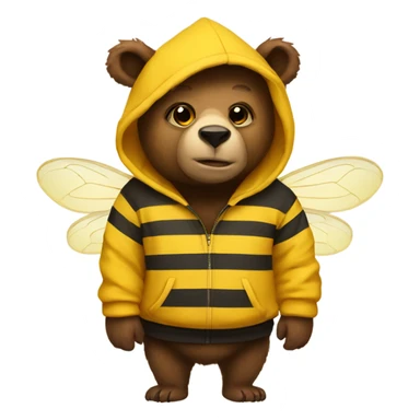 Bear wearing a hoodie with a giant bee  sticker