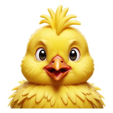 Cinematic Comical Yellow Baby Chicken Portrait Emoji, Head tilted dramatically with an exaggeratedly amused expression, featuring a striking, fluffy yellow downy coat with a tiny quirky red comb, wide, expressive beady eyes filled with playful disbelief, Simplified yet hilariously expressive features, highly detailed, glowing with a slightly sassy glow, high shine, dramatic yet playful, stylized with an air of cheeky mischief, bright and endearing, soft glowing outline, capturing the essence of a spirited and over-the-top chick, so meme-worthy it feels like it could peep its way into internet fame instantly! sticker