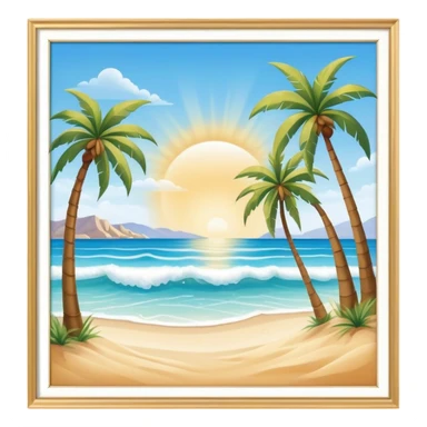 Cinematic Realistic Beach Emoji in a wooden frame, Sunny and bright, with soft golden sand stretching as far as the eye can see, gently lapping waves crashing onto the shore, and a clear, blue sky above. Palm trees sway in the warm breeze, crystal clear water of the waves on the landscape. Soft glowing outline, capturing the essence of a relaxed, joyful beach day filled with sun, sand, and surf! sticker