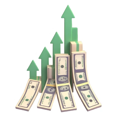 upward trending arrow beside three stacks of bundled dollar bills in ascending height sticker