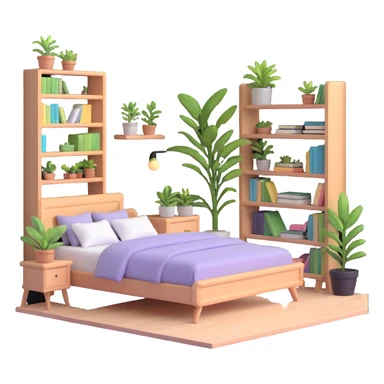 aesthetic bedroom with soft colors, plants, bookshelves, and study area sticker