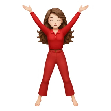 crie uma menina branca com cabelos castanhos longos ondulados, uma roupa de calça e blusa de manga curta na cor vermelho, com braços juntos para cima, olhos fechados e perna levantada. a manga é curta mostra os braços sticker