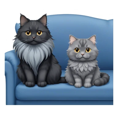 A large black smoke Maine Coon cat with long grey ear tufts and a fluffy grey ruff, sitting next to a chubby British Shorthair cat in blue color with plush fur, both sitting comfortably on a sofa. Beautiful room background with flowers and soft lighting. Transparent background. sticker