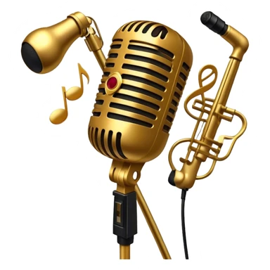Create a sophisticated and smooth emoji representing jazz vocal performance. The design should feature a stylized microphone, with musical notes swirling around it to convey the fluid, improvisational nature of jazz. Add subtle elements like a vintage microphone stand or a hint of a singer’s silhouette in the background to reflect the live, intimate feel of jazz performance. Use deep, rich colors like gold, black, and burgundy to evoke the classic, smooth vibes of jazz. The background should be transparent. sticker