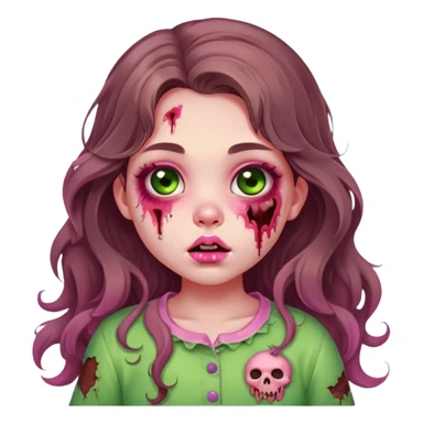Zombie teen girl, long wavy brown hair, big doe BROWN EYES, cute chubby cheeks and lips, coquette / kawaii style, green zombie skin, lots of bruises, pink clothes sticker