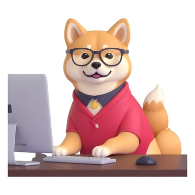 shiba inu with eye glasses and computer sticker