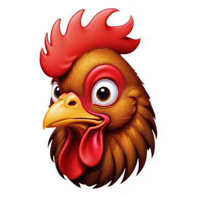 Cinematic Comical Brown Rooster Portrait Emoji, Head tilted dramatically with an exaggeratedly amused expression, featuring a striking, glossy brown plumage with a bold red comb, wide, expressive warm eyes filled with playful disbelief, Simplified yet hilariously expressive features, highly detailed, glowing with a slightly sassy glow, high shine, dramatic yet playful, stylized with an air of cheeky mischief, bright and endearing, soft glowing outline, capturing the essence of a spirited and over-the-top rooster, so meme-worthy it feels like it could crow its way into internet fame instantly! sticker