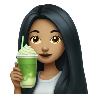 girl with long black hair and an iced matcha sticker