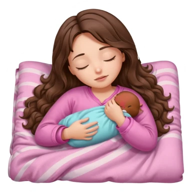 girl brunette inside a blanket sleeping  eyes closed with long  brown wavy hair and pink pjs sticker