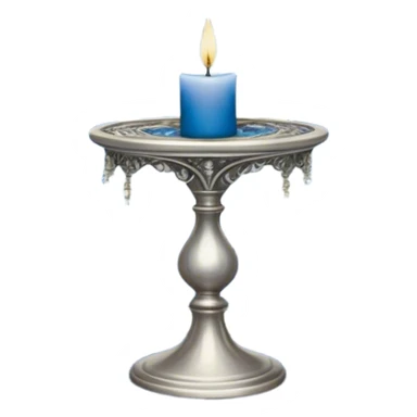 A mystical scene where deep blue and light blue pansies bloom under a silver crescent moon, casting an ethereal glow across the enchanted garden. A round, pearl-colored candle flickers atop an ornate silver stand, its wax melting into swirling patterns resembling planetary orbits. Surrounding it, a set of celestial tarot cards—The Moon, The Star, and The High Priestess—are carefully placed, their intricate silver engravings shimmering with divinatory power. The background sky is adorned with floating zodiac constellations, softly pulsing as if alive, while a trail of stardust leads to a glowing cosmic portal that opens into a swirling galaxy. sticker