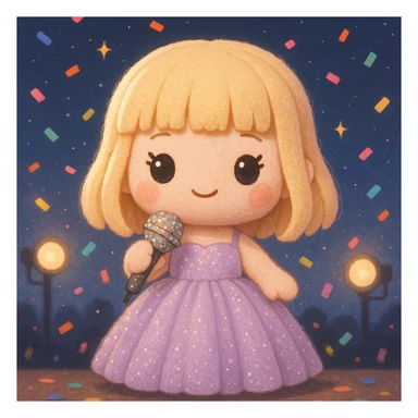 Pretty and girly Blonde pop star with bangs wearing a sparkly tulle light purple ballgown, holding a bedazzled microphone, reimagined as a soft kawaii plushie doll, with a nighttime concert backdrop with colorful confetti sticker
