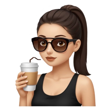 generate a pretty fair bratz girl with dark brown eyes, dark brown eyes tied into a slick back ponytail, thin brown sunglasses. Wearing a black cami top and drinking coffee, high cheekbones sticker