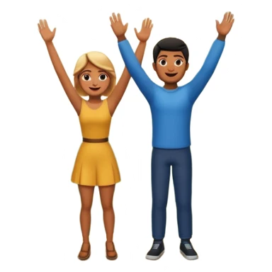 A 3D cartoon couple on top of a hill raising hands in victory, sunny sky and nature background, Memoji-style. inside photo frame. sticker